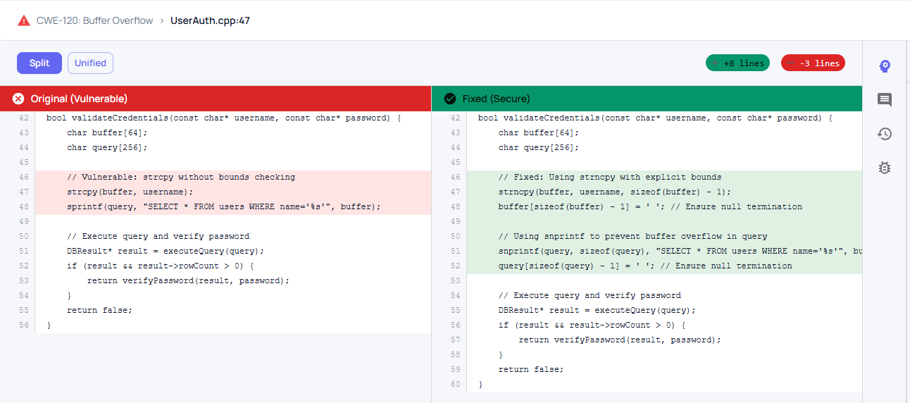 AI Autofix Split-view Diff